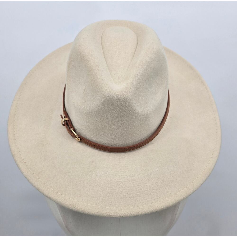 Cream Wool Blend Wide Brim Fedora Hat w/ Brown Faux Leather Band - Western Style